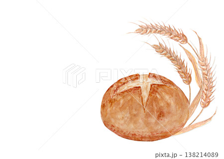 Bakery branding watercolor composition with artisan bread loaf and wheat ears. Hand painted rustic illustration for packaging design, labels, bakery identity and organic food branding applications Bakery branding watercolor composition with artisan bread loaf and wheat ears. Hand painted rustic illustration for packaging design, labels, bakery identity and organic food branding applications 138214089