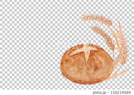 Bakery branding watercolor composition with artisan bread loaf and wheat ears. Hand painted rustic illustration for packaging design, labels, bakery identity and organic food branding applications Bakery branding watercolor composition with artisan bread loaf and wheat ears. Hand painted rustic illustration for packaging design, labels, bakery identity and organic food branding applications 138214089