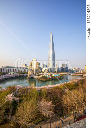 Aerial view of Lotte World Tower and Magic Island at Seokchon Lake during Spring season. 138214208