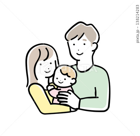 明るいパステルカラーの赤ちゃんを抱っこする親子のイラスト 笑顔の育児シーン パパとママ 明るいパステルカラーの赤ちゃんを抱っこする親子のイラスト 笑顔の育児シーン パパとママ 138214283