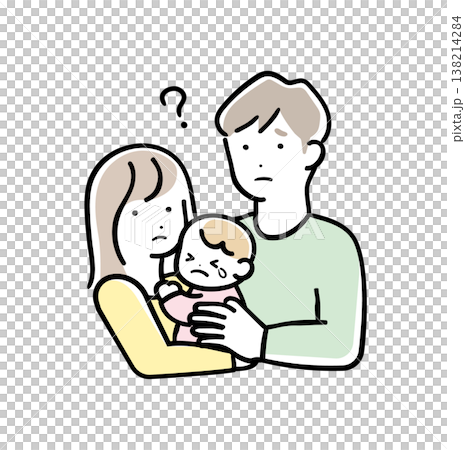 An illustration of a parent and child struggling to hold a baby in bright pastel colors. Parenting worries: Dad and Mom 138214284