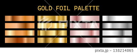 Gold Foil Palette. Copper swatch for metal degrade strip color effects. Luxury Vector set. Rose Gold, silver, or champagne texture patterns with holographic shine 138214865
