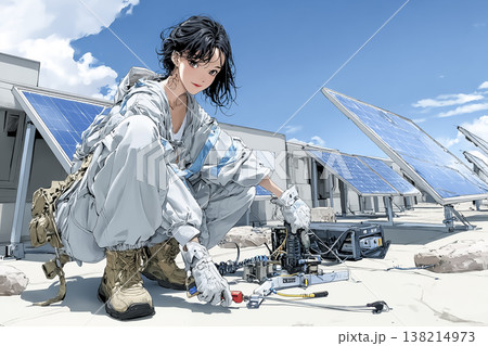 太陽光パネル設備を点検する若い女性作業員のイラスト 138214973