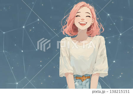 絵美シリーズ:ホログラム背景で笑顔を見せるピンク髪の若い女性のイラスト素材 絵美シリーズ:ホログラム背景で笑顔を見せるピンク髪の若い女性のイラスト素材 138215151