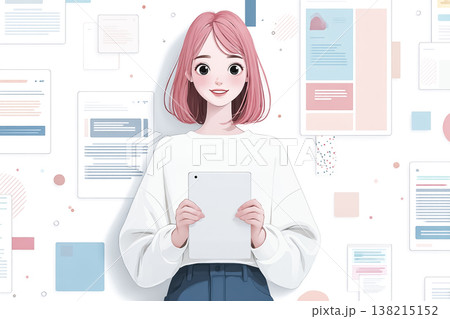 絵美シリーズ:タブレットを持つピンク髪の若い女性の教育イラスト素材 絵美シリーズ:タブレットを持つピンク髪の若い女性の教育イラスト素材 138215152