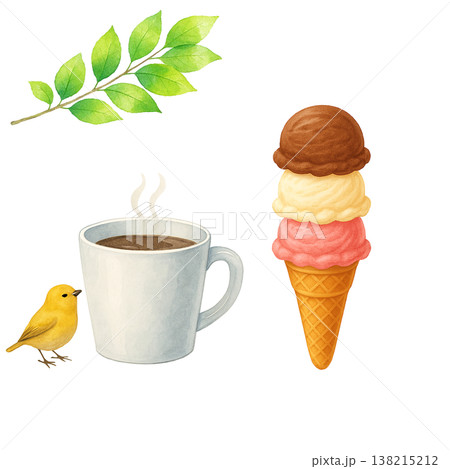 コーヒーとアイスクリームと小鳥のシンプル素材 ナチュラルなカフェデザートイメージ 白背景 コーヒーとアイスクリームと小鳥のシンプル素材 ナチュラルなカフェデザートイメージ 白背景 138215212