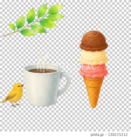 咖啡、冰淇淋和小鳥這些簡單的元素；白色背景上呈現的自然咖啡館甜點畫面。 138215212