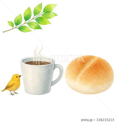 コーヒーと丸パンと小鳥のシンプル素材 ナチュラルな朝食イメージ 白背景 138215213