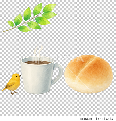 コーヒーと丸パンと小鳥のシンプル素材 ナチュラルな朝食イメージ 白背景 138215213
