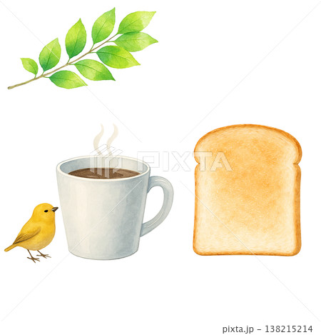 コーヒーと食パンと小鳥のシンプル素材 ナチュラルな朝食イメージ 白背景 138215214