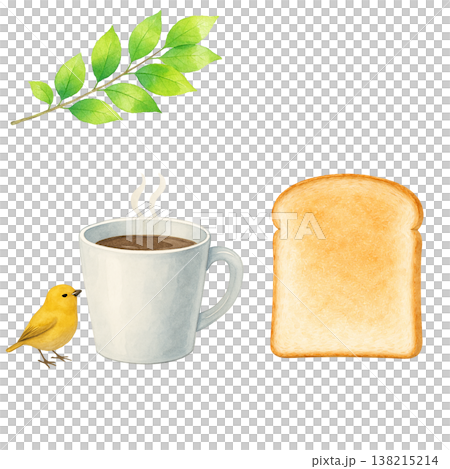コーヒーと食パンと小鳥のシンプル素材 ナチュラルな朝食イメージ 白背景 138215214