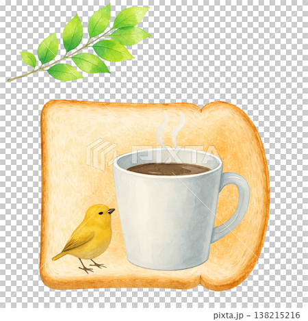コーヒーとトーストと小鳥のシンプル素材 ナチュラルな朝食イメージ 白背景 138215216