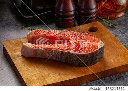 Raw salmon fish fillet steak 138215581