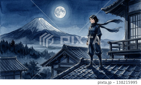 月夜の城下町と富士山を望むくノ一 Ninja female on the roof with Mt. 月夜の城下町と富士山を望むくノ一 Ninja female on the roof with Mt. 138215995