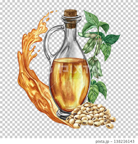 Soybean oil. Glass bottle, a handful of soybeans, and a stem with leaves and pods. Hand-drawn watercolor illustration. For menus, recipes, and cookbooks. For banners, packaging, labels, and more. Soybean oil. Glass bottle, a handful of soybeans, and a stem with leaves and pods. Hand-drawn watercolor illustration. For menus, recipes, and cookbooks. For banners, packaging, labels, and more. 138216143