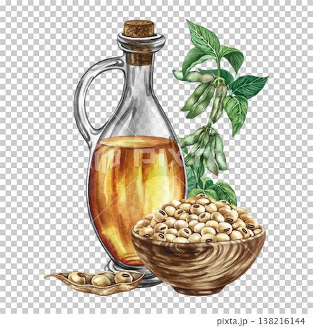 Soybean oil. A glass bottle of oil, soybeans in a wooden cup, and a soybean stalk with leaves and pods. A hand-drawn watercolor illustration. For menus, recipes and banners, packaging, labels and more 138216144