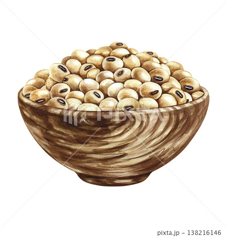 Soybeans in a wooden bowl. Hand-drawn watercolor illustration. Isolate. Perfect for creating product labels, posters, banners, menus, and more. 138216146