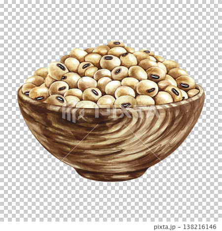 Soybeans in a wooden bowl. Hand-drawn watercolor illustration. Isolate. Perfect for creating product labels, posters, banners, menus, and more. 138216146