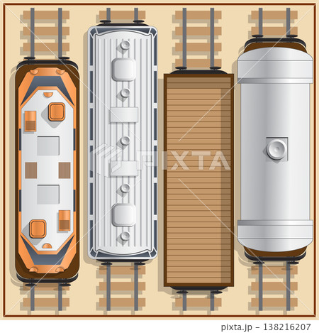 Railway locomotive and wagons. View from above. Vector illustration. 138216207