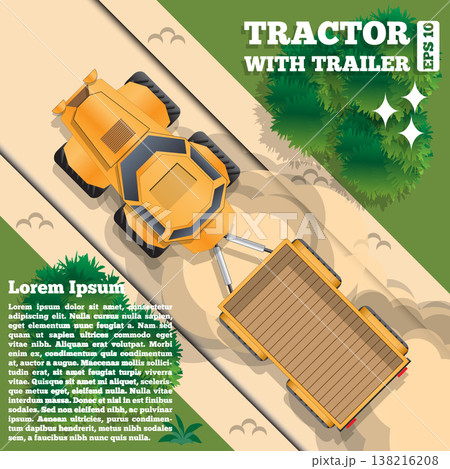Tractor with trailer on a forest road. View from above. Vector illustration.  138216208