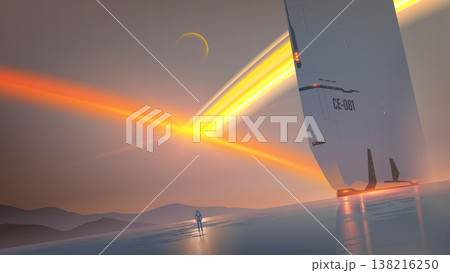 Futuristic sci-fi vector landscape of an explorer looking at a massive monolithic structure and glowing planetary rings. Futuristic sci-fi vector landscape of an explorer looking at a massive monolithic structure and glowing planetary rings. 138216250