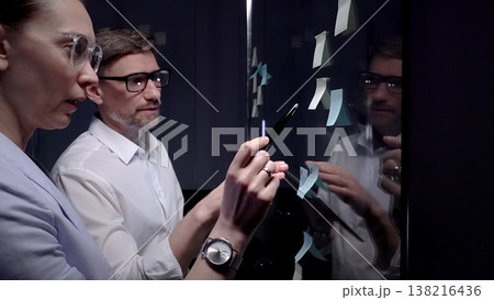 Business professionals collaborating on a strategic plan, analyzing data on a tablet while brainstorming ideas with colorful sticky notes on a glass board in a modern office meeting 138216436
