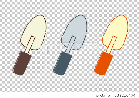 ハンドスコップのアイコン3色セット（シャベル・移植ごて・ガーデニング・シンプルイラスト素材） 138216474