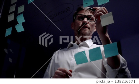 Mature businessman brainstorming for success, developing strategy on a transparent glass wall with sticky notes and marker, planning new business goals in a dark office 138216571