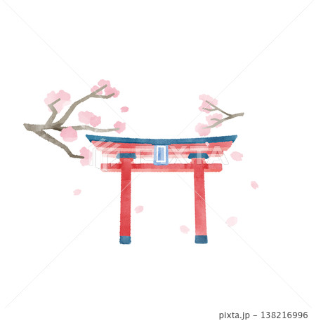 桜 鳥居 舞う花びら 水彩 イラスト かわいい デフォルメ 春 神社 観光 素材 138216996