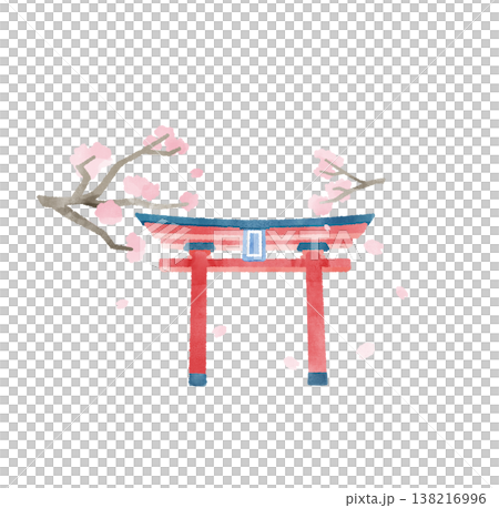 桜 鳥居 舞う花びら 水彩 イラスト かわいい デフォルメ 春 神社 観光 素材 138216996