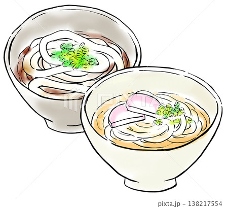 線画イラスト　シンプルイラスト　温かいうどんのセット 138217554