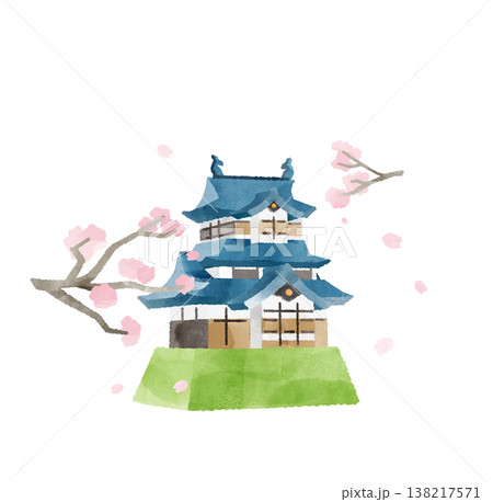 お城 桜 舞う花びら 水彩 イラスト かわいい デフォルメ 春 観光 歴史 風景 素材 138217571