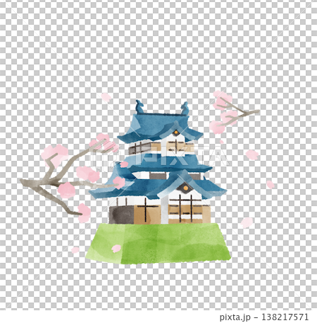 お城 桜 舞う花びら 水彩 イラスト かわいい デフォルメ 春 観光 歴史 風景 素材 138217571