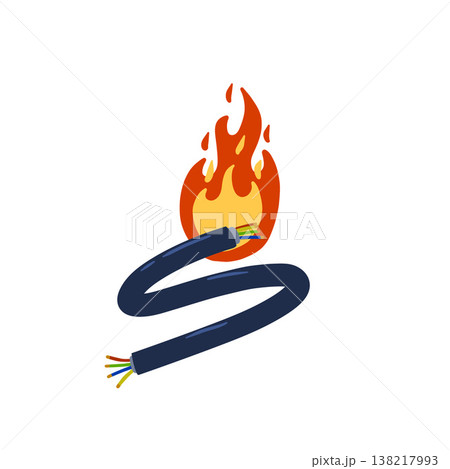 Cable spark, electric wire short circuit set, power energy flash collection. Electrical cord connection light blast, discharge current technology. Cable spark hazard equipment element. 138217993