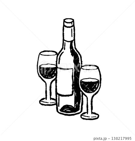 Wine bottle glasses set, hand drawn alcohol drink sketch, ink doodle beverage bottle clip art. Wine bottle winery tasting decor, grape drink restaurant menu print, minimal party wine glasses. 138217995