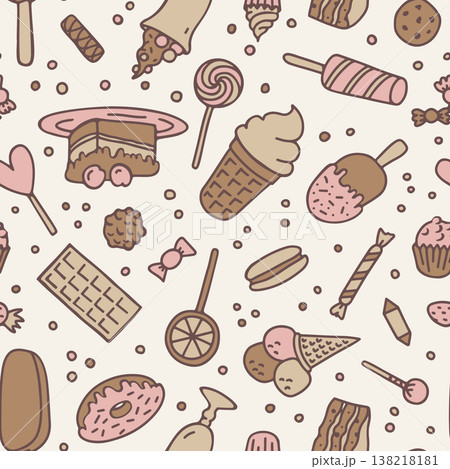Seamless sweet dessert pattern with ice cream candy cake and pastry mix Seamless sweet dessert pattern with ice cream candy cake and pastry mix 138218181