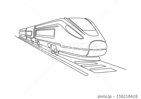 Continuous one line drawing high speed aerodynamic train traveling on rail track. Advance railway technology, intercity transit, rapid urban travel. Single line draw design vector graphic illustration 138218428