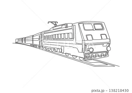 Continuous one line drawing electric passenger train with locomotive and carriages on rail track. Intercity travel, public transit, rail transport. Single line draw design vector graphic illustration 138218430