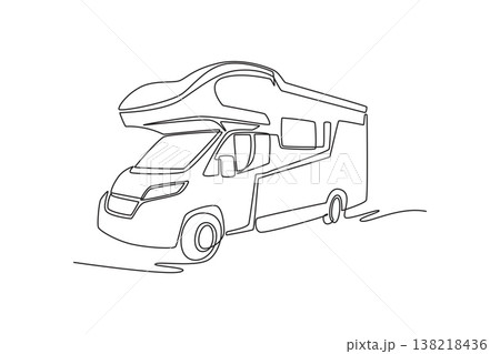 Single continuous line drawing a modern recreational vehicle. Aerodynamic over-cab bunk. Mobile living, high-end camping, and long-distance road trips. One line draw graphic design vector illustration Single continuous line drawing a modern recreational vehicle. Aerodynamic over-cab bunk. Mobile living, high-end camping, and long-distance road trips. One line draw graphic design vector illustration 138218436