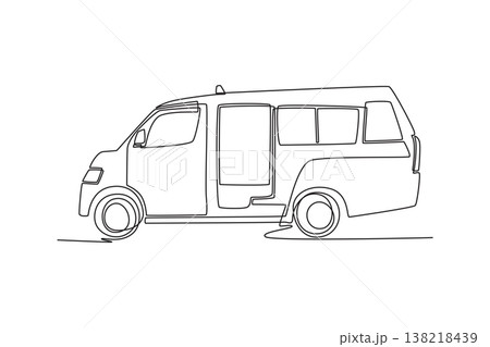 Single continuous line drawing a commercial passenger minibus or shuttle van, public transit, school transportation. Boxy shape and passenger windows. One line draw graphic design vector illustration Single continuous line drawing a commercial passenger minibus or shuttle van, public transit, school transportation. Boxy shape and passenger windows. One line draw graphic design vector illustration 138218439