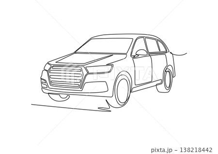 Single continuous line drawing modern luxury SUV from a front perspective. Automotive engineering, family road trips, and upscale urban transportation. One line draw graphic design vector illustration 138218442