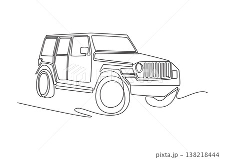 Single one line drawing rugged off-road SUV or 4x4 vehicle for outdoor adventure, exploration. Automotive strength, mountain travel, road trips. Continuous line draw design graphic vector illustration Single one line drawing rugged off-road SUV or 4x4 vehicle for outdoor adventure, exploration. Automotive strength, mountain travel, road trips. Continuous line draw design graphic vector illustration 138218444