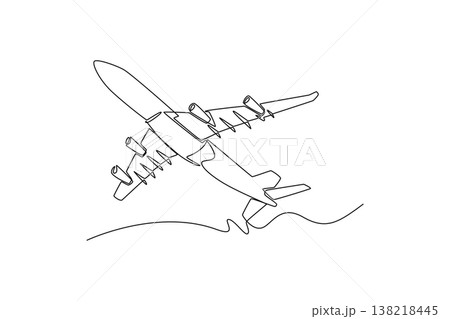 Single one line drawing commercial passenger airplane soaring through the sky. Global travel, aviation industry, international vacation trips. Continuous line draw design graphic vector illustration Single one line drawing commercial passenger airplane soaring through the sky. Global travel, aviation industry, international vacation trips. Continuous line draw design graphic vector illustration 138218445