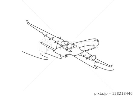 Single one line drawing a twin-engine commercial jet aircraft flying through the sky. Modern aviation, rapid transport, and global air travel. Continuous line draw design graphic vector illustration 138218446