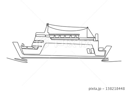 Single one line drawing commercial passenger ferry or transport ship with multi-deck. Public transit by sea, maritime commuting, coastal travel. Continuous line draw design graphic vector illustration 138218448
