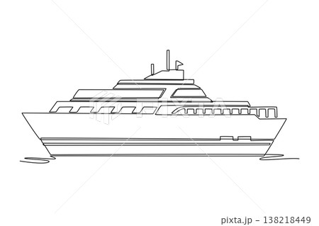 Single one line drawing multi-deck luxury motor yacht or private cruiser gliding through the water. Sophistication and high-end maritime travel. Continuous line draw design graphic vector illustration Single one line drawing multi-deck luxury motor yacht or private cruiser gliding through the water. Sophistication and high-end maritime travel. Continuous line draw design graphic vector illustration 138218449