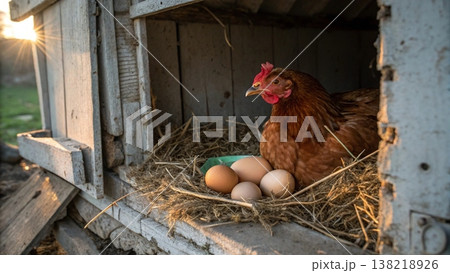 A Hen Caring for Her Freshly Laid Eggs in a Rustic Coop A Hen Caring for Her Freshly Laid Eggs in a Rustic Coop 138218926