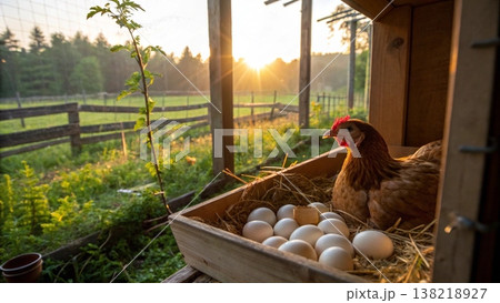 A Hen Caring for Her Freshly Laid Eggs in a Rustic Coop A Hen Caring for Her Freshly Laid Eggs in a Rustic Coop 138218927