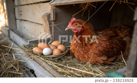 A Hen Caring for Her Freshly Laid Eggs in a Rustic Coop 138218928