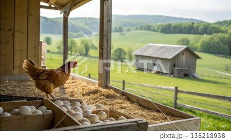 A Hen Caring for Her Freshly Laid Eggs in a Rustic Coop A Hen Caring for Her Freshly Laid Eggs in a Rustic Coop 138218938